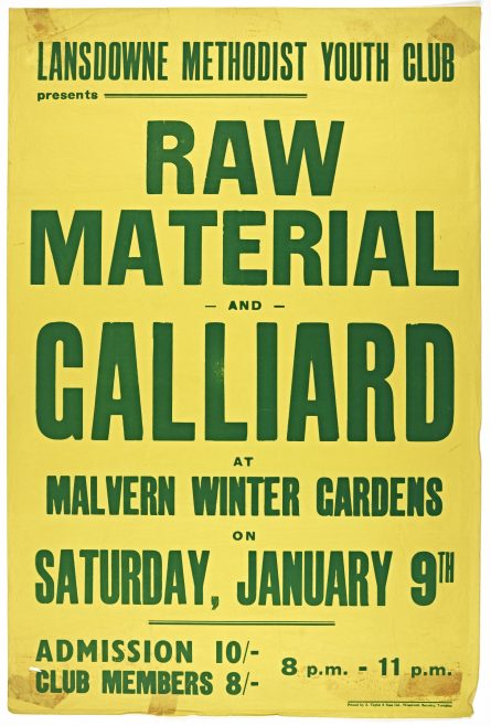 Poster for Raw Material at Malvern Winter Gardens, 09 January 1971 | Lansdowne Methodist Youth Club