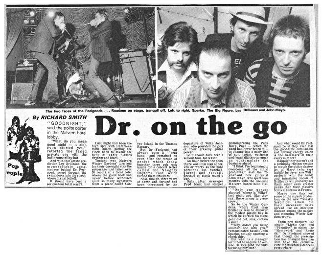 Newspaper cutting from the Malvern Gazette about Dr Feelgood at Malvern Winter Gardens, 20 May 1977