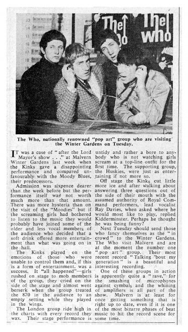 Newspaper cutting from the Malvern Gazette about The Kinks at Malvern Winter Gardens | Malvern Gazette