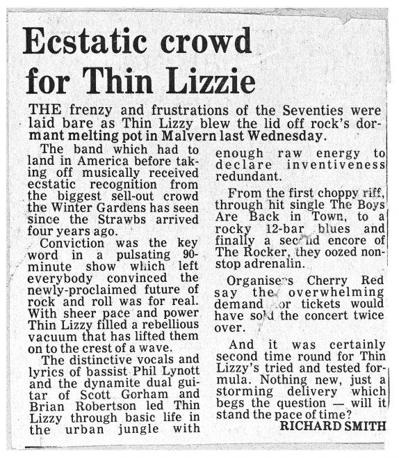 Newspaper cutting from the Malvern Gazette about Thin Lizzy at Malvern Winter Gardens | Malvern Gazette