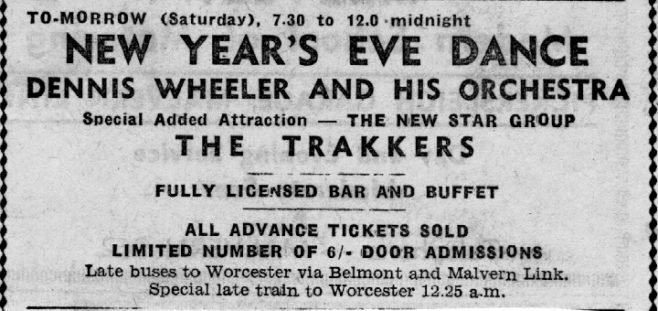 Newspaper advert for New Years Eve Dance at Malvern Winter Gardens, 31 December 1960 | Contributed by Trakkers founder and drummer, Peter Willcocks