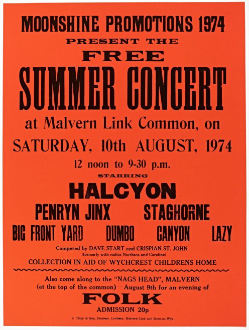 Poster for free festival on Link Common, Malvern, 10 August 1974